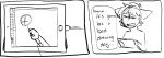  2022 anthro apple_inc. black_and_white comic dialogue domestic_cat drawing english_text felid feline felis freckledcoat hi_res holding_object holding_pen ipad male mammal monochrome pen sketch solo text 