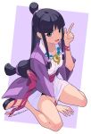  1girl ace_attorney bangs bare_legs between_legs black_eyes black_footwear black_hair blunt_bangs breasts cacn commentary dated from_above full_body hair_bun hand_between_legs haori highres index_finger_raised jacket japanese_clothes jewelry kimono long_hair looking_at_viewer low-tied_long_hair magatama magatama_necklace maya_fey necklace obi open_mouth purple_background purple_jacket purple_kimono sandals sash short_kimono sidelocks signature simple_background sitting small_breasts smile solo straight_hair toes topknot wariza wristband 