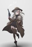  1girl absurdres bandolier boots brown_headwear cowboy cowboy_boots cowboy_hat cowboy_western gun hair_over_one_eye hat highres knife knife_holster oota_youjo original pink_eyes revolver solo thigh_strap thighhighs trigger_discipline weapon white_hair 