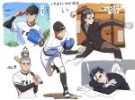  1boy 1girl arrow_(symbol) baseball_bat baseball_cap baseball_mitt black_headwear brown_jacket brown_pants collared_shirt commentary_request geeta_(pokemon) hat highres holding holding_baseball_bat holding_poke_ball jacket larry_(pokemon) long_sleeves multiple_views necktie on_head pants poke_ball poke_ball_(basic) pokemon pokemon_(creature) pokemon_(game) pokemon_on_head pokemon_sv rott_ur shirt shoes short_hair starly undershirt very_short_hair white_footwear white_shirt 