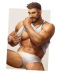  1boy abs bara bare_pectorals beard boxer_briefs brown_hair clothes_lift dark-skinned_male dark_skin facial_hair highres large_pectorals male_focus male_underwear muscular muscular_male navel nez nipples overwatch overwatch_1 pectorals reaper_(overwatch) scar scar_on_cheek scar_on_face short_hair solo tank_top underwear white_male_underwear white_tank_top 