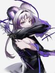  1girl absurdres animal_ears arknights belt black_dress black_hairband breasts cleavage dress hairband highres holding holding_sword holding_weapon lin_yuhsia_(arknights) long_hair long_sleeves looking_at_viewer mackia mouse_ears photoshop_(medium) purple_eyes purple_hair simple_background solo sword upper_body weapon white_background 