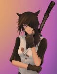  1girl animal_ears brown_hair cat_ears cat_girl colorized final_fantasy final_fantasy_xiv gloves highres jewelry one_eye_covered original purple_eyes short_hair side_ponytail simple_background smile solo sword tattoo thinking weapon yago_rilla 