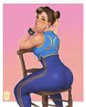  1girl ass asymmetrical_bangs bangs blue_bodysuit blue_vest bodysuit bracelet breasts brown_eyes brown_hair chair chun-li double_bun earrings from_behind hair_bun highres jewelry lips looking_at_viewer looking_back medium_breasts nose pantylines short_hair sitting sitting_backwards sleeveless solo spiked_bracelet spikes street_fighter street_fighter_zero_(series) striped toned vertical_stripes vest volt_crocodile 