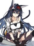  1girl :3 animal_ears arknights black_hair black_skirt blaze_(arknights) blue_eyes brown_footwear cat_ears cat_girl cat_tail clothes_writing hairband highres indian_style jacket knee_pads long_hair looking_at_viewer open_clothes open_jacket red_hairband shiduki_eku shirt simple_background sitting sketch skirt solo split_mouth tail tail_raised very_long_hair white_background white_jacket white_shirt 