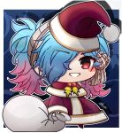  1girl blue_hair border chibi christmas fire_emblem fire_emblem_fates gradient_hair grin hair_over_one_eye hat holding holding_sack meme multicolored_hair none1504 padoru_(meme) peri_(fire_emblem) pink_hair red_eyes sack santa_costume santa_hat smile solo white_border 