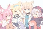  4girls :d ^_^ absurdres ahoge animal_ear_fluff animal_ears arknights bare_shoulders black_headwear black_jacket blonde_hair blue_eyes blush brown_hair closed_eyes collared_shirt commentary_request dress_shirt eyepatch facing_viewer fox_ears fox_girl fox_tail gloves grey_hair hair_ornament hair_ribbon hairclip highres holding_hands jacket looking_at_viewer multiple_girls object_hug pink_hair popukar_(arknights) purple_skirt rabbit_hair_ornament red_eyes red_ribbon ribbon ryoku_sui shamare_(arknights) shirt simple_background skirt smile stuffed_animal stuffed_bunny stuffed_dog stuffed_toy sussurro_(arknights) suzuran_(arknights) tail twintails white_background white_gloves white_shirt x_hair_ornament 