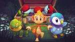  briefcase brown_eyes chimchar closed_eyes closed_mouth commentary grass highres no_humans outdoors piplup poke_ball poke_ball_(basic) pokemon pokemon_(creature) purple_eyes smile starter_pokemon_trio turtwig zeromatter 