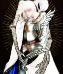  1boy armor bandaged_arm bandaged_fingers bandages berserk black_background blue_eyes cape carrying closed_mouth dual_persona gauntlets greaves griffith_(berserk) highres lips long_hair looking_down mask nisino2222 piggyback shoulder_armor solo_focus wavy_hair white_cape white_hair 