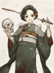  1girl back_bow black_hair blood blood_on_arm blood_on_clothes blood_on_face blood_on_weapon bow brown_eyes commentary_request empty_eyes feet_out_of_frame fingernails green_kimono grey_background hair_ornament highres holding holding_skull holding_sword holding_weapon japanese_clothes katana kimono looking_at_viewer mole mole_under_eye obi original parted_lips print_kimono red_nails sash sayoko_(sayosny2) sharp_fingernails short_hair signature skull smile solo spider_web_print sword weapon white_bow wide_sleeves 