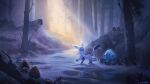  bare_tree blue_eyes bright_pupils commentary fallen_tree frown glaceon highres light_rays looking_back no_humans outdoors pokemon pokemon_(creature) snorunt snow standing teeth tree watermark white_pupils zeromatter 