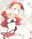  1girl agulo blonde_hair bra breasts christmas cleavage commentary curly_hair hat heart heart_print highres long_hair looking_at_viewer midriff navel open_clothes open_shirt pale_skin rance_(series) rance_10 red_eyes santa_costume santa_hat underwear warg_(rance) 