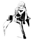  alternate_costume boots coat cross gloves hat hat_removed headwear_removed highres holding holding_knife izayoi_sakuya karaori knife kyoto_fantasy_troupe monochrome sitting sketch the_sealed_esoteric_history top_hat touhou 
