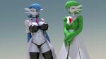  2023 3d_(artwork) anthro black_clothing clothing collar digital_media_(artwork) dr._voir duo eyewear female gardevoir generation_3_pokemon glasses green_clothing hi_res looking_at_viewer navel nintendo pink_eyes pokemon pokemon_(species) simple_background source_filmmaker white_body white_clothing woofersfm 