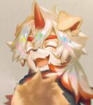  1boy ahonobo arknights close-up closed_eyes cropped fangs furry furry_male holding horns hung_(arknights) long_hair looking_at_viewer male_focus multicolored_hair mythological_creature open_mouth simple_background single_horn smile 