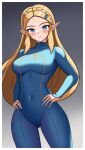  1girl blonde_hair blue_bodysuit blue_eyes blush bodysuit braid breasts cosplay fingerless_gloves gloves grey_background hair_ornament hairclip highres long_hair long_sleeves looking_at_viewer mcarthur1010 metroid pointy_ears princess_zelda samus_aran samus_aran_(cosplay) simple_background solo the_legend_of_zelda the_legend_of_zelda:_breath_of_the_wild upper_body zero_suit 