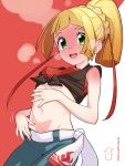  1girl bare_arms belt blonde_hair blush braid commentary_request cosplay cowboy_shot eyelashes flannery_(pokemon) flannery_(pokemon)_(cosplay) full-face_blush green_eyes green_pants hair_ribbon head_steam highres kinocopro lillie_(pokemon) long_hair looking_at_viewer navel nervous_smile open_mouth pants pokemon pokemon_(game) pokemon_oras pokemon_sm ponytail red_ribbon ribbon shirt smile solo steam tied_shirt twitter_username two-tone_background watermark white_belt 