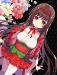  1girl ahegao bangs bare_shoulders brown_hair closed_mouth detached_sleeves floral_background hairband japanese_clothes kuji_kanesada_(tenka_hyakken) long_hair obi okanoyuno pleated_skirt red_eyes sash skirt smile tenka_hyakken thighhighs wide_sleeves 