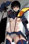 1girl absurdres ass_visible_through_thighs black_hair boots bow bow_panties breasts chainsaw_man commentary cosplay crossover english_commentary grey_eyes highres holding holding_sword holding_weapon huge_weapon kill_la_kill living_clothes long_hair matoi_ryuuko matoi_ryuuko_(cosplay) medium_breasts microskirt mitaka_asa navel panties pantyshot pea_(poopingirl) revealing_clothes reverse_grip senketsu shrug_(clothing) skirt solo suspenders sweat sword thigh_boots underboob underwear weapon 