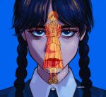  1girl addams_family bangs black_hair close-up closed_mouth collared_shirt dubusul formal full_body long_sleeves multiple_views necktie shirt standing straight-on wednesday_(netflix) wednesday_addams white_shirt 