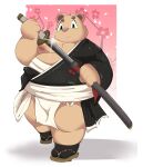  2023 anthro asian_clothing bear belly big_belly clothing east_asian_clothing footwear fundoshi hi_res inigo_(kusosensei) japanese_clothing kemono kusosensei male mammal moobs nipples overweight overweight_male sandals solo underwear weapon white_clothing white_fundoshi white_underwear 