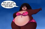  2021 anthro baldur_(shenzel) bear belly big_belly bikini bikini_bottom bikini_top blush blush_lines breasts claws clothing dialogue eyewear fangs female fur gesture glasses hair hi_res holidays looking_aside looking_away mammal new_year obese obese_anthro obese_female open_mouth overweight overweight_anthro overweight_female pointing profanity shenzel solo speech_bubble standing swimwear teeth text tongue 