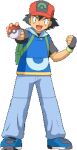  ash_ketchum black_gloves black_hair blue_hoodie denim fingerless_gloves gloves green_bag holding holding_poke_ball hood hoodie jeans lowres nintendo pants poke_ball pokemoa pokemon pokemon_(anime) red_headwear 