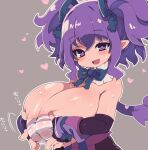  1girl breasts chest_sarashi detached_collar disgaea elbow_gloves gloves hair_between_eyes heart highres large_breasts looking_at_viewer makai_senki_disgaea makai_senki_disgaea_7 pointy_ears purple_eyes purple_hair sarashi seefour_(disgaea) sidelocks simple_background twintails zankuro 