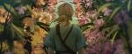  1boy absurdres ahoge blonde_hair blue_tunic blurry blurry_foreground facing_away flower from_behind grey_shirt highres leaf link low_ponytail male_focus medium_hair outdoors pink_flower pointy_ears shirt solo the_legend_of_zelda the_legend_of_zelda:_breath_of_the_wild upper_body val_(skirtsonyeondan) 