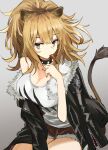  1girl absurdres animal_ears arknights bangs black_collar black_jacket breasts brown_eyes brown_hair brown_shorts candy cleavage collar cutoffs food food_in_mouth fur-trimmed_jacket fur_trim grey_background highres jacket jacket_on_shoulders large_breasts lion_ears lion_girl lion_tail lollipop long_hair mouth_hold off_shoulder open_clothes open_jacket ponytail shiduki_eku shirt short_shorts shorts siege_(arknights) simple_background solo tail tank_top white_tank_top 