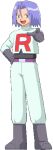  1boy black_footwear black_gloves blue_hair full_body gloves hand_on_hip james_(pokemon) looking_at_viewer lowres male_focus pointing pointing_at_viewer pokemoa pokemon pokemon_(anime) pokemon_(classic_anime) short_hair solo team_rocket team_rocket_uniform transparent_background 