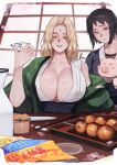  2girls black_hair blonde_hair bluecup blush_stickers bottle breasts choko_(cup) clenched_teeth cup facial_mark food forehead_mark highres large_breasts looking_at_viewer multiple_girls naruto naruto_(series) off_shoulder pig sake_bottle shizune_(naruto) table teeth tonton_(naruto) tsunade_(naruto) yellow_eyes 