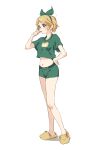  1girl :t animal_print bear_print blonde_hair blush_stickers bow breasts brushing_teeth full_body green_bow green_eyes green_pajamas green_shirt green_shorts hair_bow hair_ornament hairclip hand_on_hip highres holding holding_toothbrush kagamine_rin midriff navel pajamas puffy_cheeks rokusukeaaa shirt short_hair shorts skinny slippers small_breasts solo toothbrush vocaloid yakkl yellow_footwear 