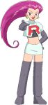  1girl black_gloves earrings elbow_gloves full_body gloves jessie_(pokemon) jewelry long_hair looking_at_viewer lowres miniskirt pointing pointing_at_viewer pokemoa pokemon pokemon_(anime) pokemon_(classic_anime) skirt solo team_rocket team_rocket_uniform transparent_background undershirt 