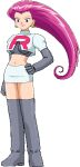  1girl earrings elbow_gloves full_body gloves jessie_(pokemon) jewelry long_hair lowres miniskirt navel pokemoa pokemon pokemon_(anime) pokemon_(classic_anime) skirt solo team_rocket team_rocket_uniform transparent_background undershirt 