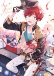  1boy amagi_hiiro bag bangs black_gloves blue_eyes bouquet collared_shirt commentary earrings ensemble_stars! envelope fingerless_gloves flower gift gloves happy_birthday hat holding holding_clothes holding_hat hoop_earrings jewelry long_sleeves lower_teeth_only male_focus open_mouth pants pink_flower purple_ribbon red_flower red_hair ribbon seuga shirt shopping_bag short_hair sitting solo spade_(shape) symbol-only_commentary teeth white_pants 