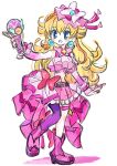  1girl asymmetrical_legwear bangs belt_bow blonde_hair blue_eyes blush bow brooch cosplay cure_butterfly cure_butterfly_(cosplay) dress earrings highres hirogaru_sky!_precure jewelry long_hair mario_(series) open_mouth pink_bow pink_dress pink_headwear pink_nails pink_skirt pink_theme precure princess_peach rakugaki_shitagari-ya skirt smile solo wing_brooch 