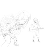  2girls :3 absurdres ahoge bangs be_my_baby_(song) beret blunt_bangs boots dot_mouth dress_shirt floating_hair foot_out_of_frame full_body girls&#039;_frontline gloves greyscale guitar hair_between_eyes half-closed_eyes hand_on_hip hat highres holding holding_instrument holding_plectrum hood hoodie instrument jacket leaning_forward light_blush long_hair long_sleeves looking_at_viewer low_ponytail m200_(girls&#039;_frontline) mdr_(girls&#039;_frontline) medium_hair monochrome multiple_girls myon2 necktie open_clothes open_hoodie parody pigeon-toed pleated_skirt plectrum puffy_long_sleeves puffy_sleeves shirt shoes short_ponytail side_ponytail simple_background sketch skirt sneakers standing tactical_clothes tareme thigh_strap 