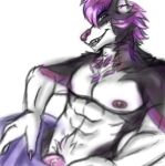  abs anthro athletic breasts canid canine chest_tuft claws clothed clothing fluffy genitals gvhnige hair hi_res ickalius male mammal muscular nipples penis pubes purple_hair skimpy smile smirk smirking_at_viewer solo teasing tuft 