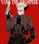  1boy aqua_eyes black_gloves blonde_hair character_name closed_mouth coat earrings elbow_gloves glasses gloves gun hand_on_hip handgun highres holding holding_gun holding_weapon jewelry long_coat male_focus partially_fingerless_gloves red_background red_coat revolver solo spiked_hair sunglasses trigun upper_body vash_the_stampede weapon xi_hsi 
