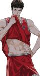  1boy 77ho_i7 abs basketball_uniform black_eyes black_hair clothes_lift highres jersey korean_commentary looking_to_the_side male_focus mitsui_hisashi red_shirt red_shorts shirt shirt_lift shorts simple_background slam_dunk_(series) sleeveless sleeveless_shirt sportswear v-shaped_eyebrows white_background 