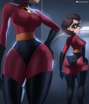  1girl absurdres ass black_gloves black_thighhighs blush bodysuit boots breasts brown_eyes brown_hair domino_mask echo_saber elastigirl gloves hand_on_own_ass highres impossible_bodysuit impossible_clothes large_breasts looking_back mask multiple_views parted_lips reflection standing superhero the_incredibles thick_thighs thigh_boots thighhighs thighhighs_over_bodysuit thighs wide_hips 