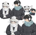  ! 2boys ? absurdres animal_ears animal_hood black_coat black_hair blue_scarf blush chromatic_aberration coat commentary covered_mouth covering_face fake_animal_ears grey_hair hand_in_pocket heart highres holding_snowball hood inumaki_toge jujutsu_kaisen kyllooelo long_sleeves looking_at_another male_focus multiple_boys okkotsu_yuuta open_mouth purple_eyes scarf short_hair simple_background upper_body white_background white_scarf winter_clothes yaoi 
