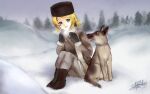  1girl animal black_eyes black_headwear black_mittens blonde_hair blue_eyes blurry blurry_background breath brown_coat brown_pants coat commentary day dog english_commentary full_body fur-trimmed_sleeves fur_hat fur_trim grey_sky hat highres kagamine_rin long_sleeves looking_at_another looking_at_viewer open_mouth outdoors pants scarf short_hair signature sitting smile snow solo tree vocaloid white_scarf winter winter_clothes yunare 