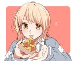  ! 15kasikaze15 1girl absurdres bangs blonde_hair border collared_shirt commentary_request eating food highres holding holding_food holding_pizza honda_sora jacket lonely_girl_ni_sakaraenai long_hair medium_hair neck_ribbon official_art orange_eyes pizza pizza_slice riba ribbon shirt solo spoken_exclamation_mark very_long_hair white_border 