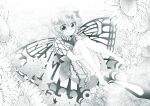  0-den 1girl absurdres antennae ass barefoot butterfly_wings dress eternity_larva fairy flower full_body hair_between_eyes highres index_finger_raised leaf leaf_on_head looking_at_viewer monochrome multicolored_clothes multicolored_dress parted_lips short_hair short_sleeves solo touhou wings 