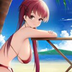  1girl absurdres bikini black_ribbon blush breasts hair_ribbon heterochromia highres hololive hololive_fantasy houshou_marine jewelry large_breasts lolinnez. long_hair looking_at_viewer pirate red_eyes red_hair ribbon smile solo swimsuit twintails very_long_hair virtual_youtuber yellow_eyes 