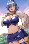  1girl bangs blue_eyes blue_hair blue_skirt breasts cleavage commission gloves gotland_(kancolle) hand_on_hip hand_up highres kantai_collection kihou_no_gotoku_dmc large_breasts long_sleeves looking_at_viewer mole mole_under_eye navel o-ring open_mouth outdoors pixiv_commission shirt skirt smile stomach strapless strapless_shirt white_gloves 