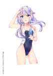  1girl absurdres blue_one-piece_swimsuit contrapposto covered_navel crescent crescent_hair_ornament cropped_legs food hair_ornament highres kantai_collection looking_up nagisamatsumae one-hour_drawing_challenge one-piece_swimsuit popsicle purple_hair shading_eyes short_hair short_hair_with_long_locks simple_background solo standing swimsuit two-tone_swimsuit white_background yayoi_(kancolle) 