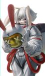  1other ambiguous_gender animal_ears animal_nose astronaut backpack bag black_cat207 closed_mouth frown furry helmet highres holding holding_helmet looking_at_viewer original rabbit rabbit_ears red_eyes short_hair solo space_helmet spacesuit white_hair 